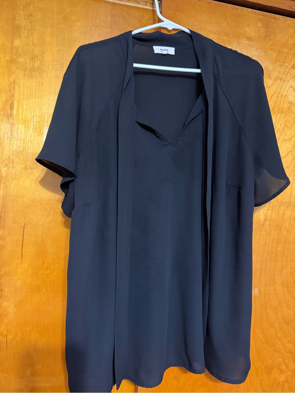 Pleione Black Short-Sleeve Draped V-Neck Blouse with ties